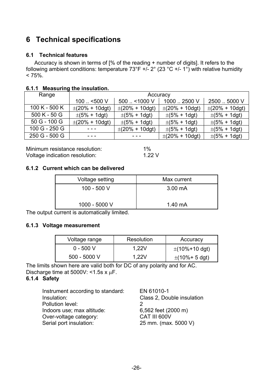 Technical specifications, Echnical features, Measuring the insulation | Current which can be delivered, Voltage measurement, Safety, 6 technical specifications | Amprobe MEGATEST-5000 Megohmmeter User Manual | Page 28 / 32