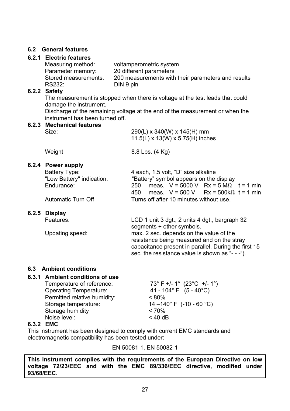 Eneral features, Electric features, Safety | Mechanical features, Power supply, Display, Mbient conditions, Ambient conditions of use | Amprobe MEGATEST-5000 Megohmmeter User Manual | Page 29 / 32