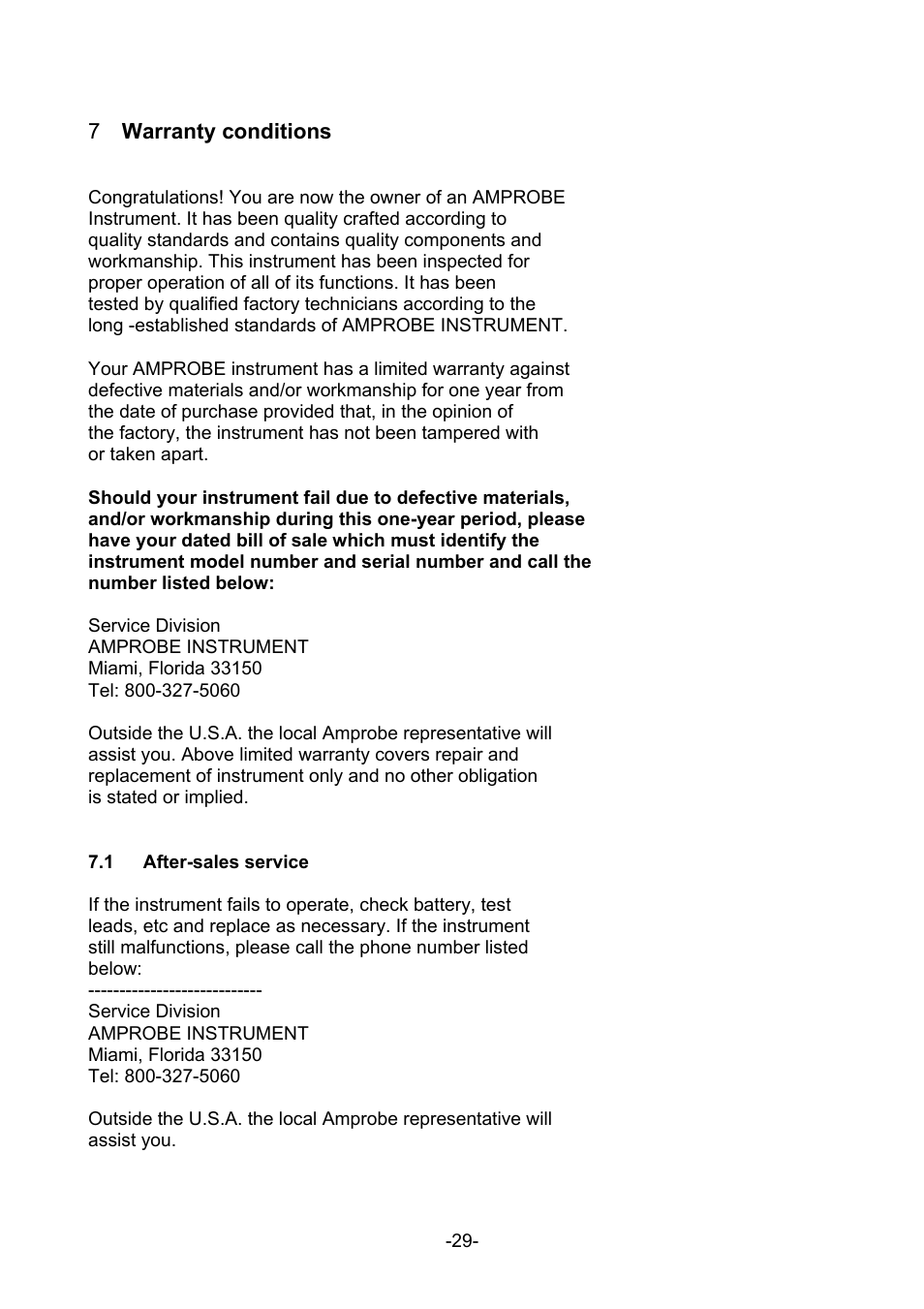 Warranty conditions | Amprobe MEGATEST-5000 Megohmmeter User Manual | Page 31 / 32