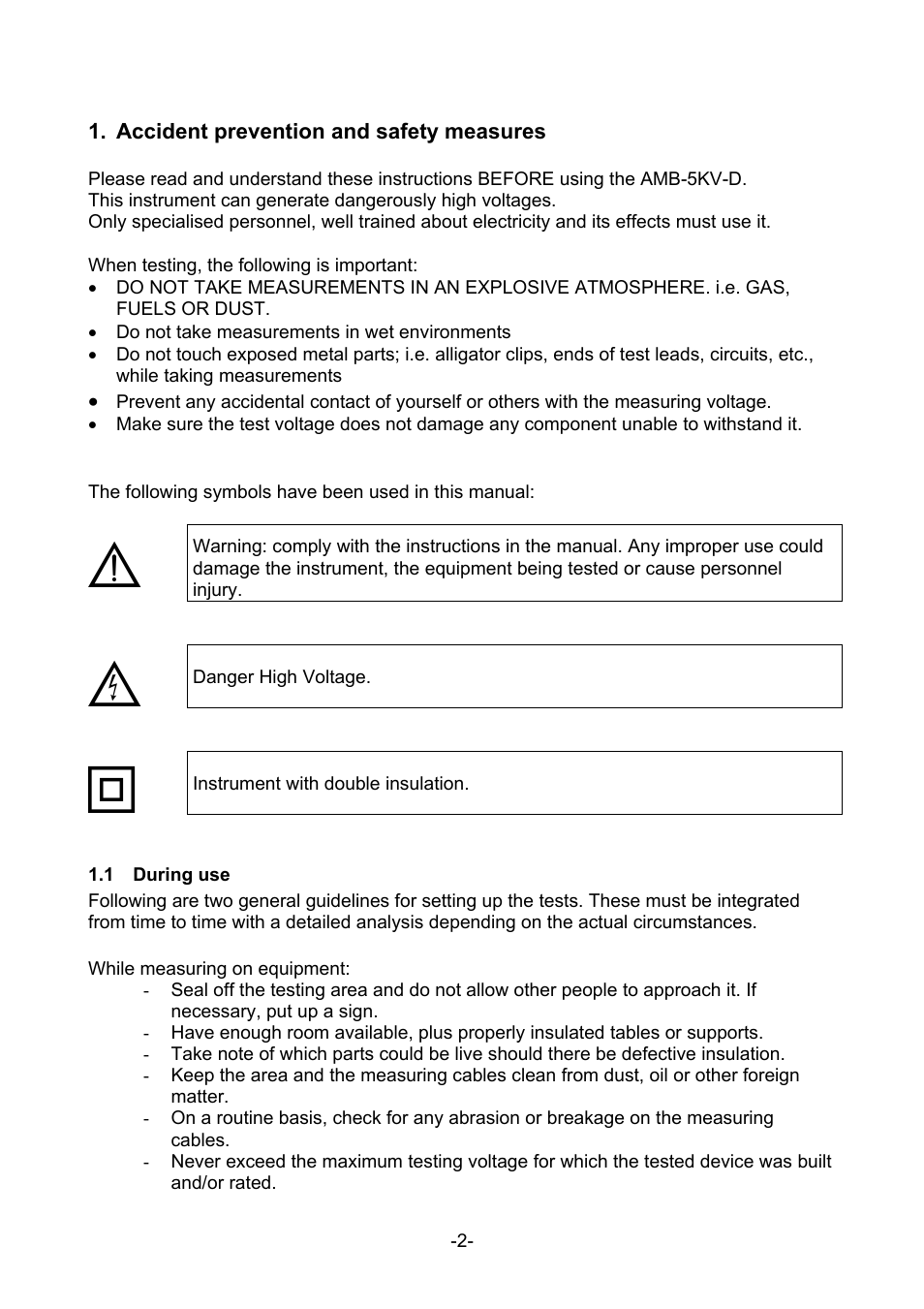 Accident prevention and safety measures, Uring use | Amprobe MEGATEST-5000 Megohmmeter User Manual | Page 4 / 32