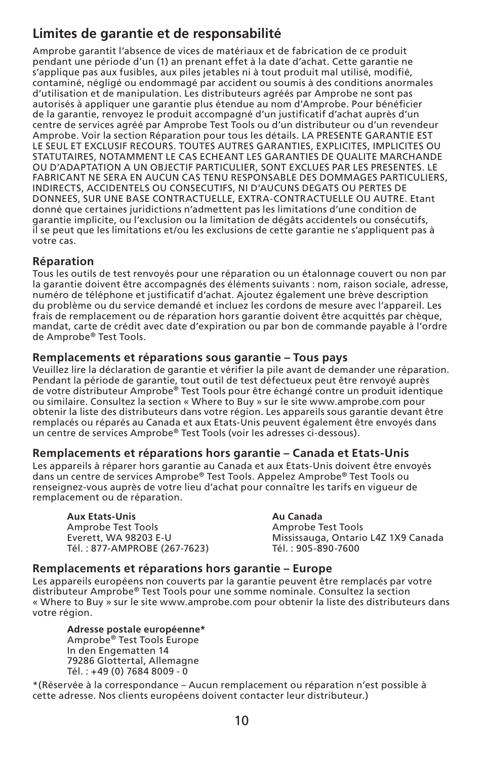 10 limites de garantie et de responsabilité | Amprobe SM-10 Sound-Level-Meters User Manual | Page 11 / 50