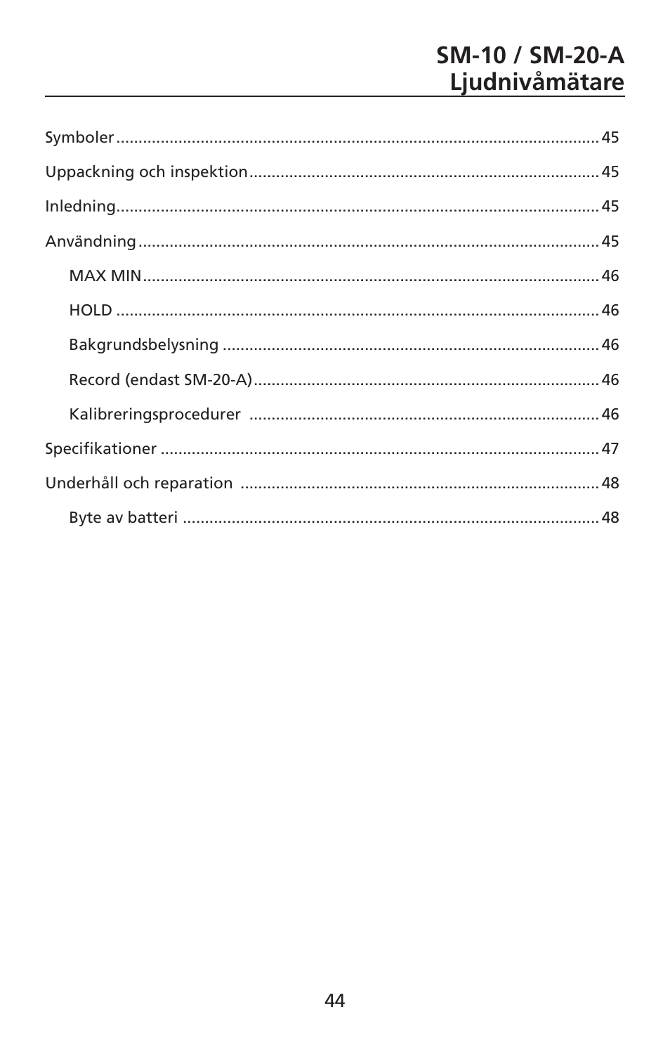Sm-10 / sm-20-a ljudnivåmätare | Amprobe SM-10 Sound-Level-Meters User Manual | Page 45 / 50