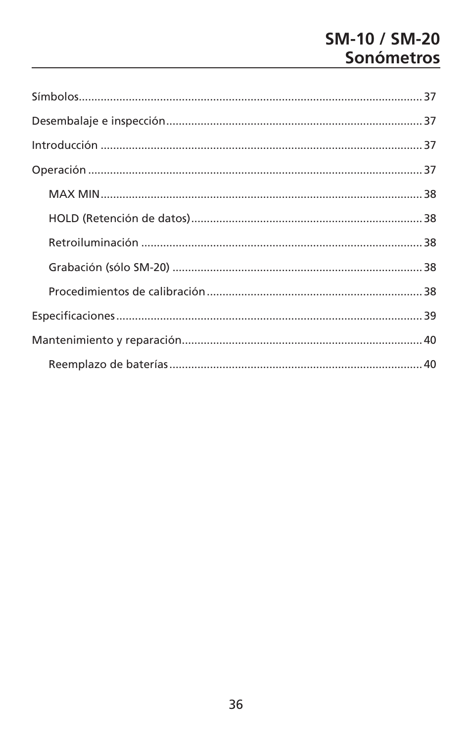 Sm-10 / sm-20 sonómetros | Amprobe SM-10 Sound-Level-Meters User Manual | Page 37 / 50