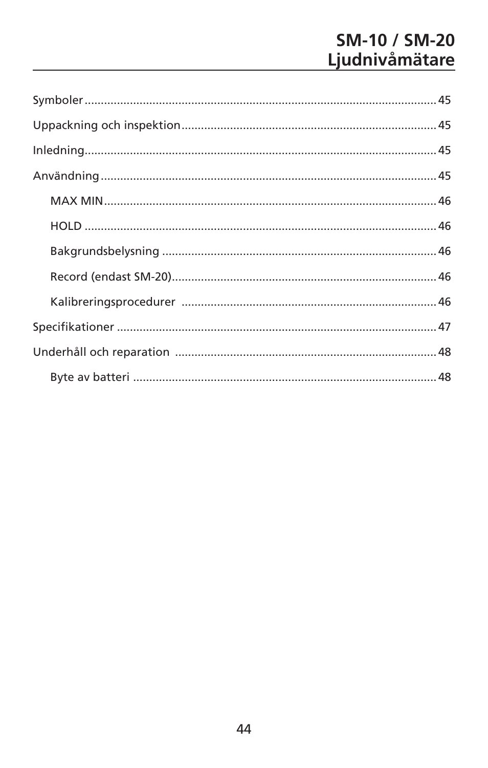 Sm-10 / sm-20 ljudnivåmätare | Amprobe SM-10 Sound-Level-Meters User Manual | Page 45 / 50