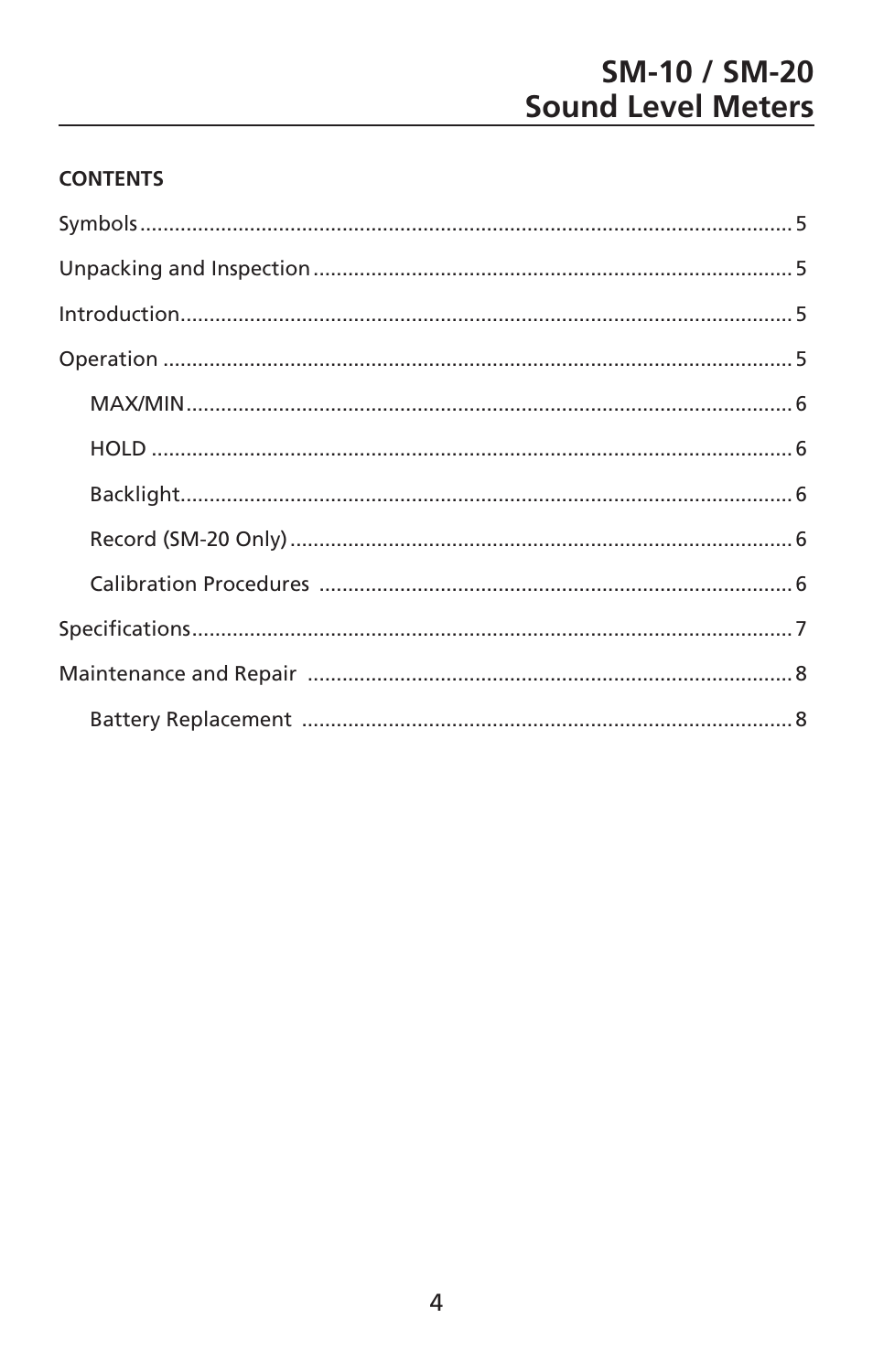 Sm-10 / sm-20 sound level meters | Amprobe SM-10 Sound-Level-Meters User Manual | Page 5 / 50