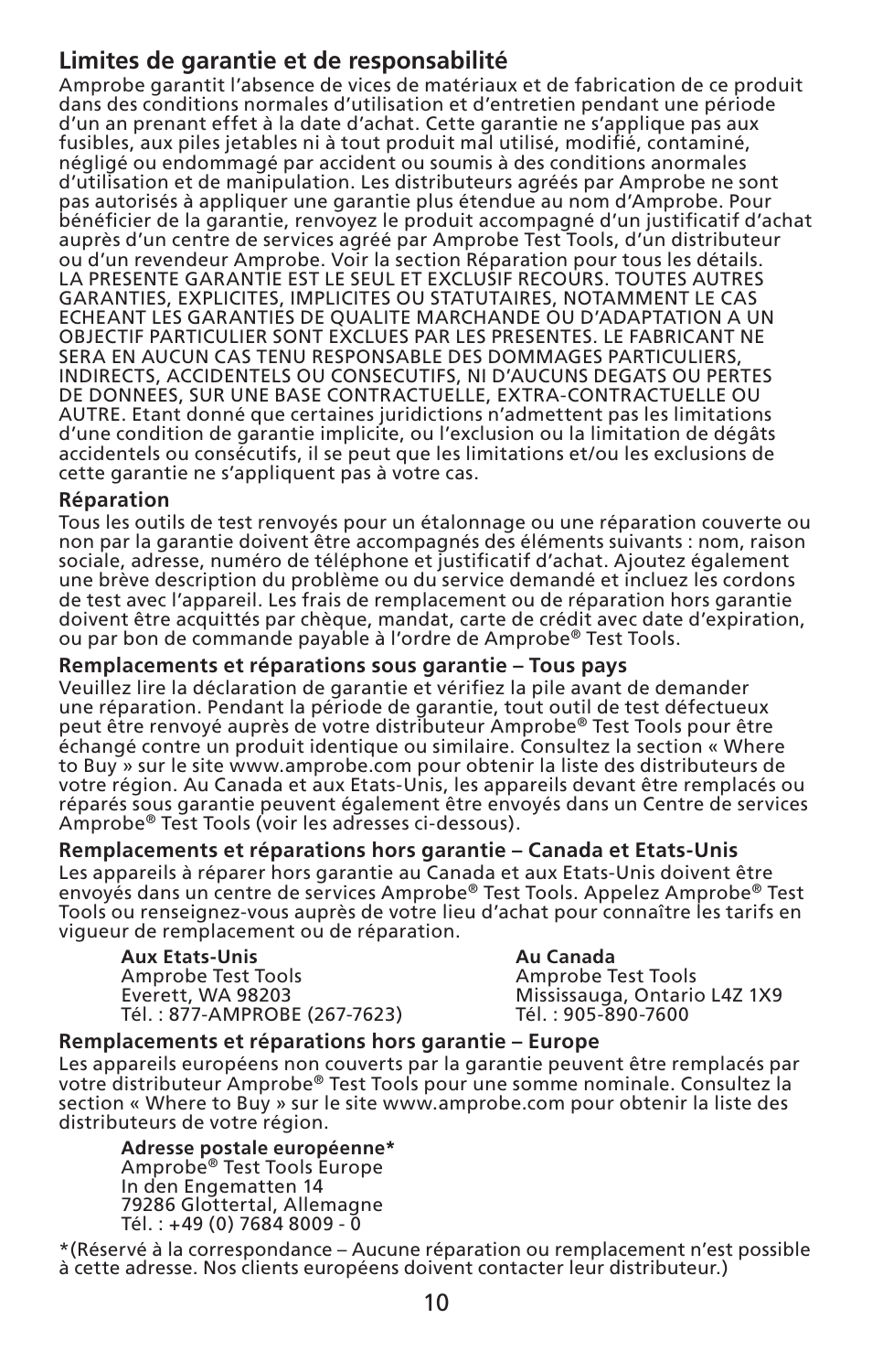 10 limites de garantie et de responsabilité | Amprobe SM-CAL1 Sound-Meter-Calibrator User Manual | Page 11 / 51