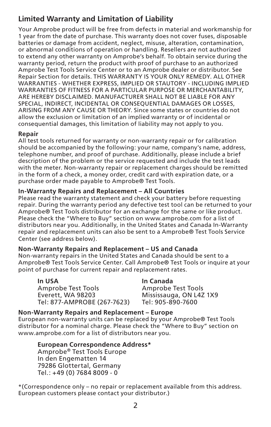2limited warranty and limitation of liability | Amprobe SM-CAL1 Sound-Meter-Calibrator User Manual | Page 3 / 51
