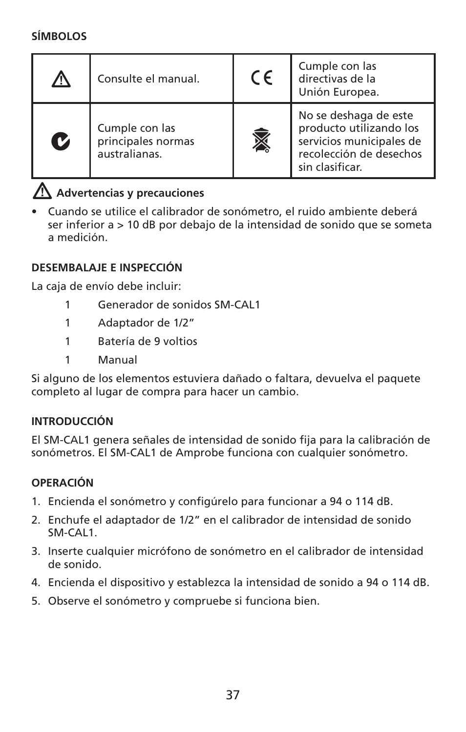 Amprobe SM-CAL1 Sound-Meter-Calibrator User Manual | Page 38 / 51