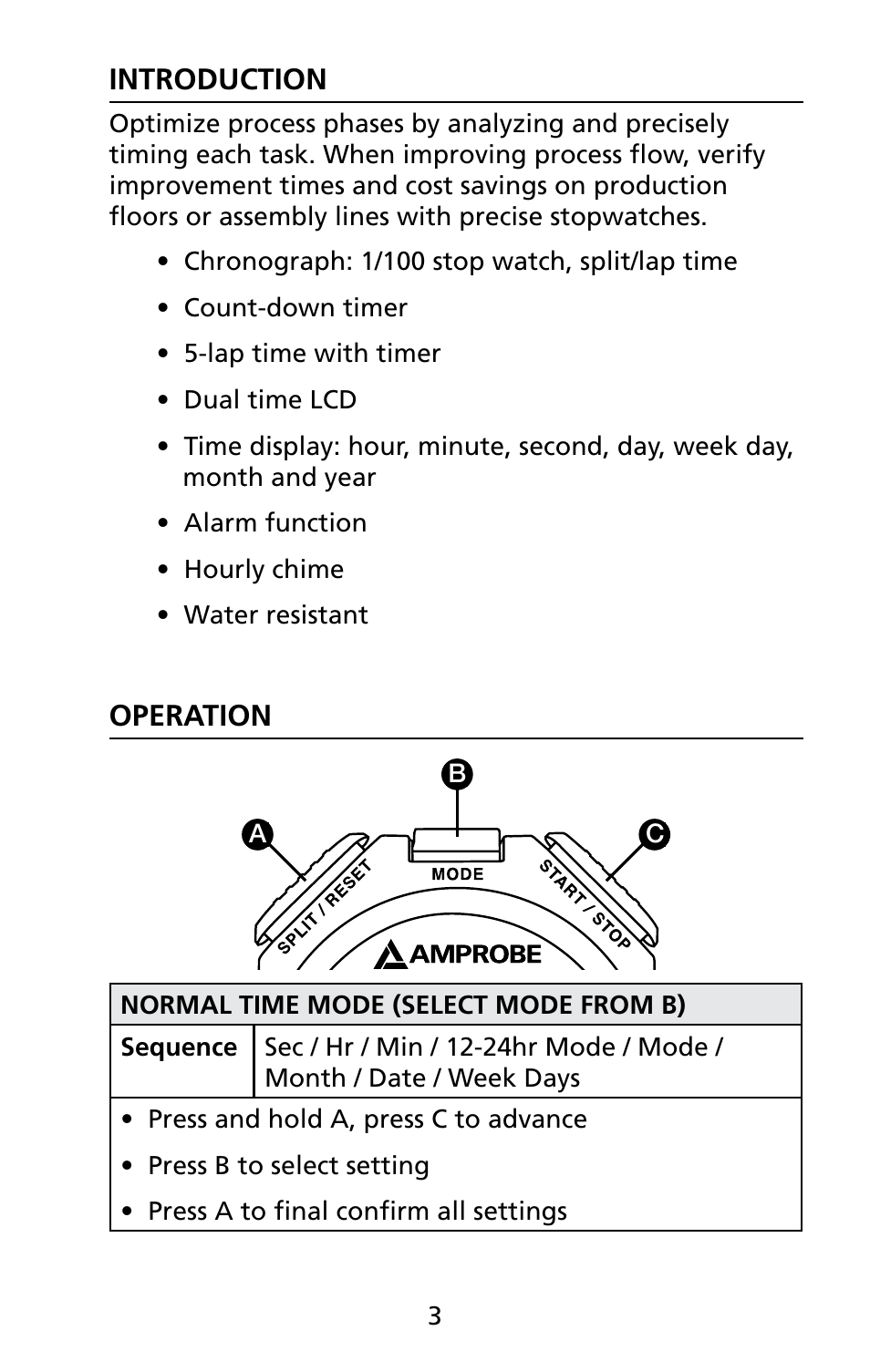 Introduction, Operation | Amprobe TIME-20 Process-Control-Stopwatch User Manual | Page 8 / 12