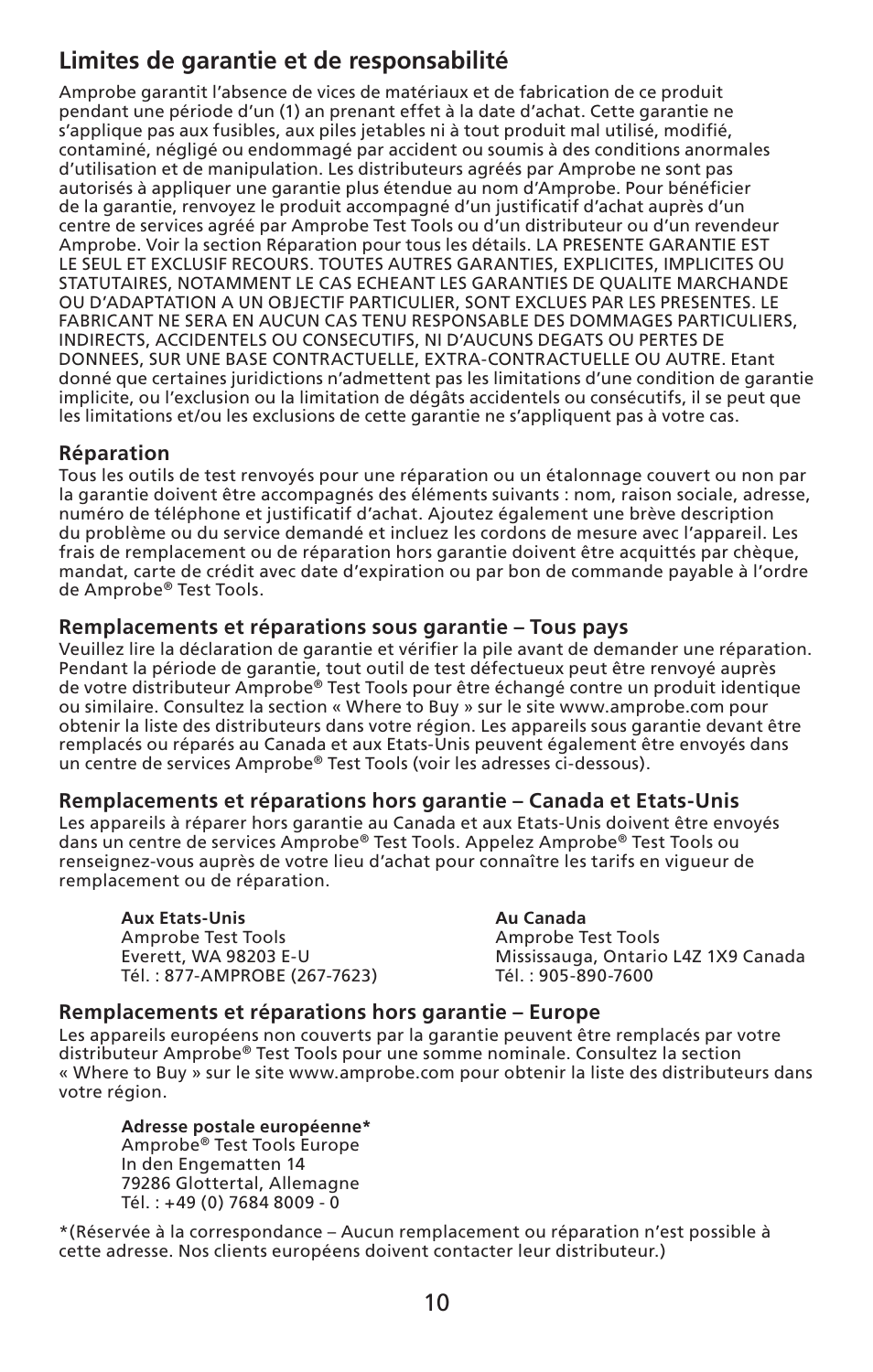 10 limites de garantie et de responsabilité | Amprobe LM-100 Light-Meters User Manual | Page 11 / 50