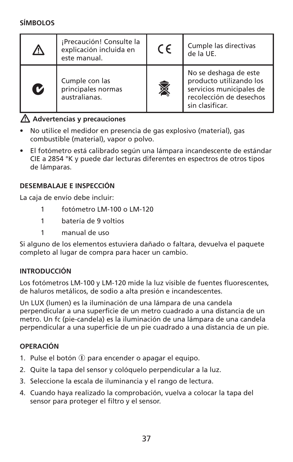 Amprobe LM-100 Light-Meters User Manual | Page 38 / 50