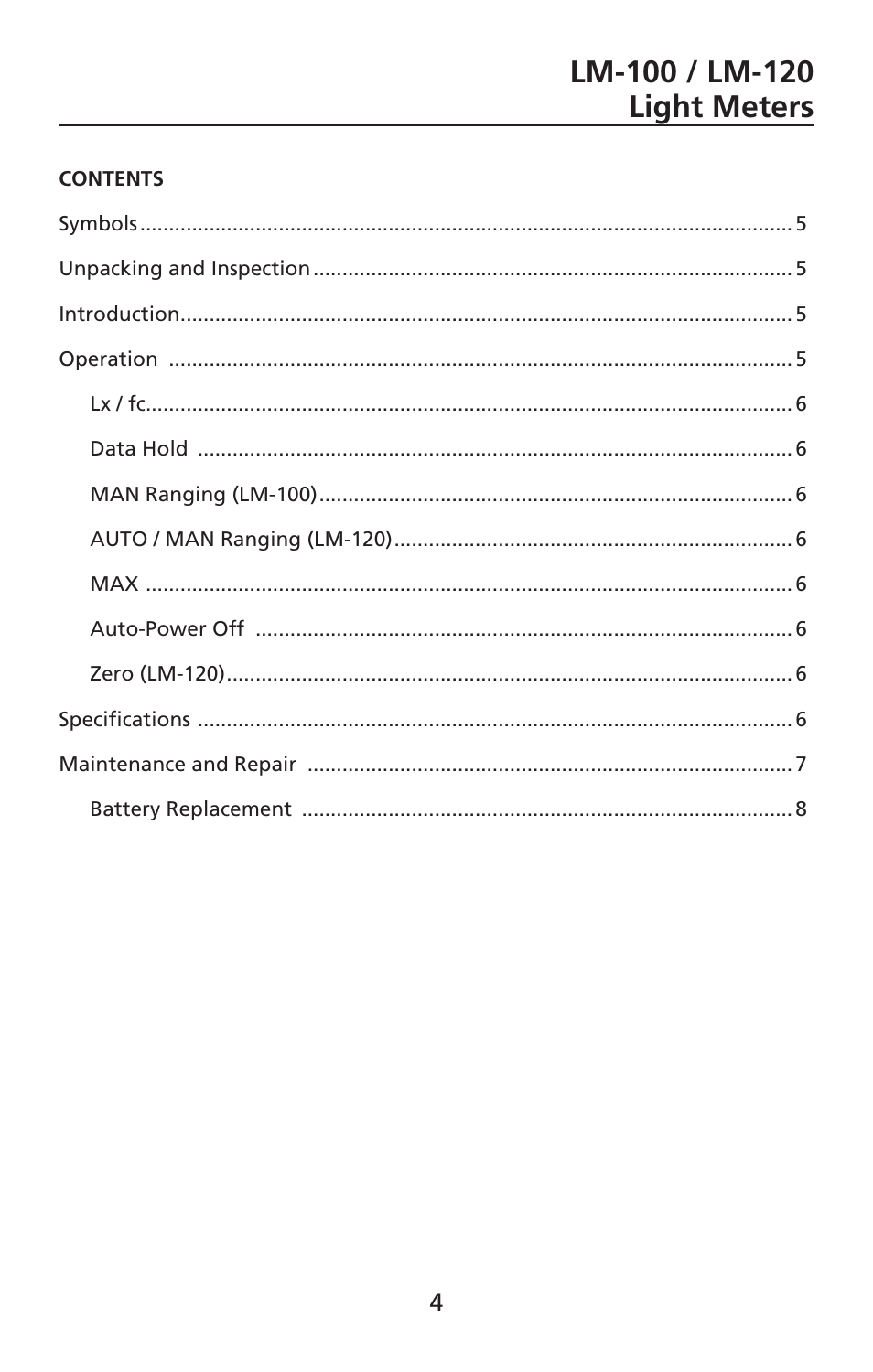 Amprobe LM-100 Light-Meters User Manual | Page 5 / 50