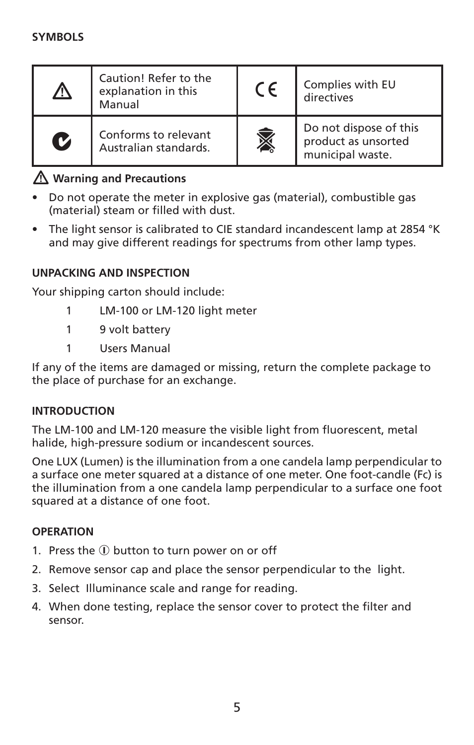 Amprobe LM-100 Light-Meters User Manual | Page 6 / 50