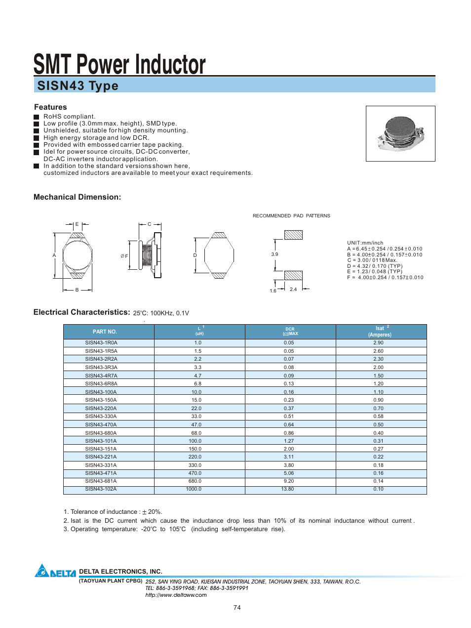 Delta Electronics SISN43 User Manual | 1 page