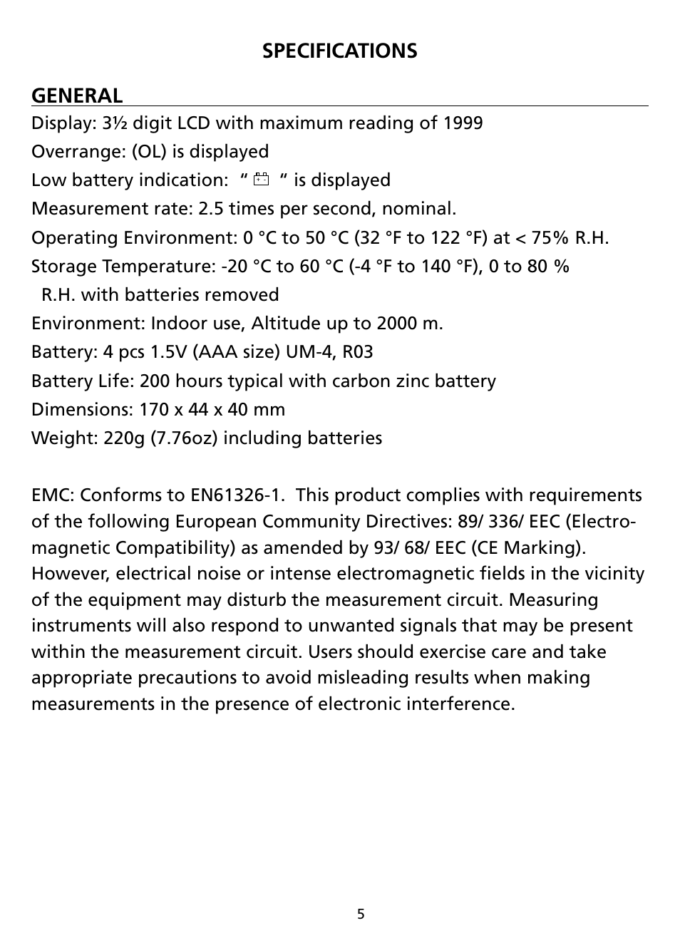 Specifications general | Amprobe LM631A Digital-Light-Meter User Manual | Page 11 / 14