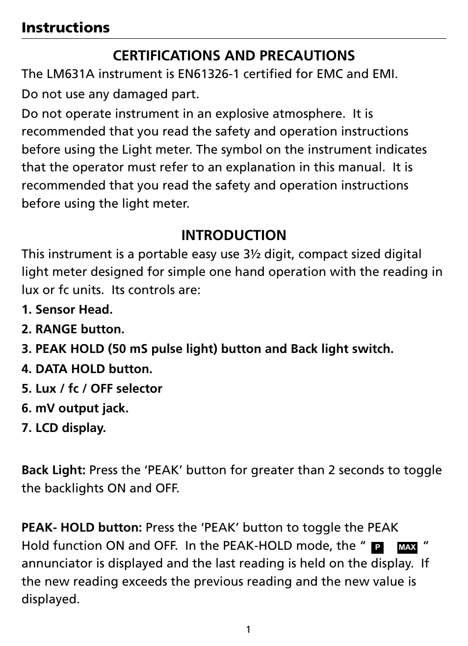 Instructions certifications and precautions, Introduction | Amprobe LM631A Digital-Light-Meter User Manual | Page 7 / 14