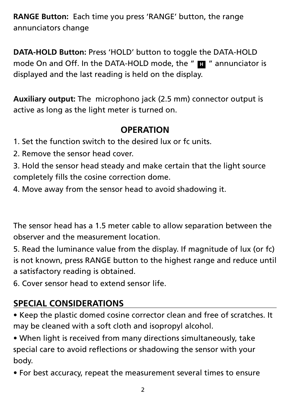 Operation, Special considerations | Amprobe LM631A Digital-Light-Meter User Manual | Page 8 / 14