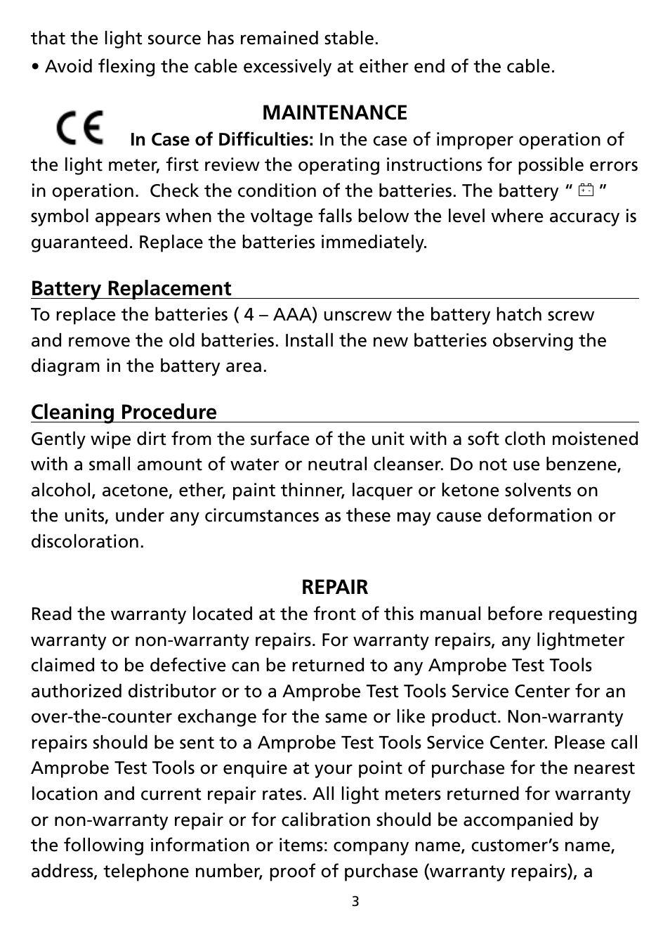 Maintenance, Battery replacement, Cleaning procedure | Repair | Amprobe LM631A Digital-Light-Meter User Manual | Page 9 / 14