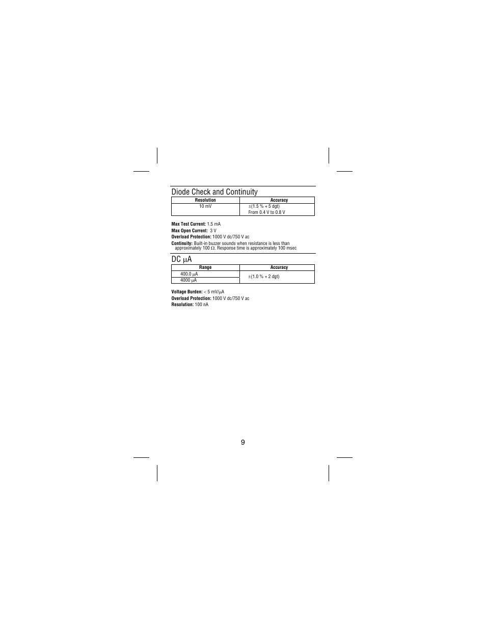 Diode check and continuity, Dc μa | Amprobe AC75B User Manual | Page 14 / 72