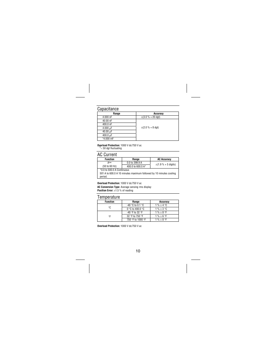 Capacitance, Ac current, Temperature | Amprobe AC75B User Manual | Page 15 / 72