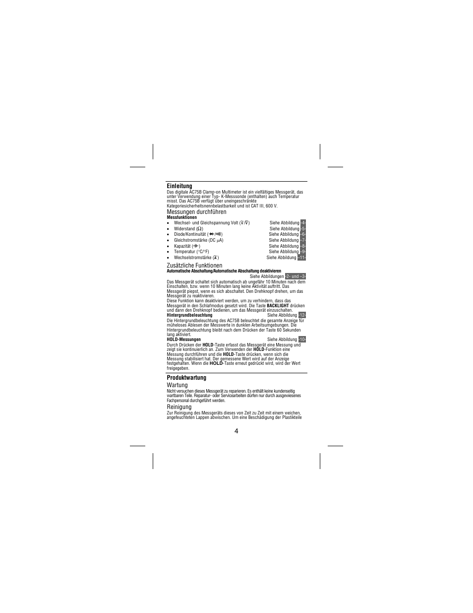 Einleitung, Messungen durchführen, Zusätzliche funktionen | Produktwartung wartung, Reinigung | Amprobe AC75B User Manual | Page 41 / 72