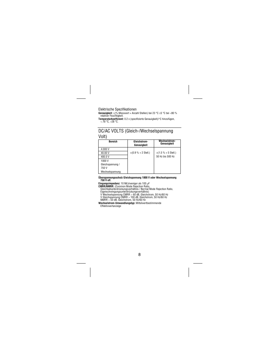 Dc/ac volts (gleich-/wechselspannung volt), Elektrische spezifikationen | Amprobe AC75B User Manual | Page 45 / 72