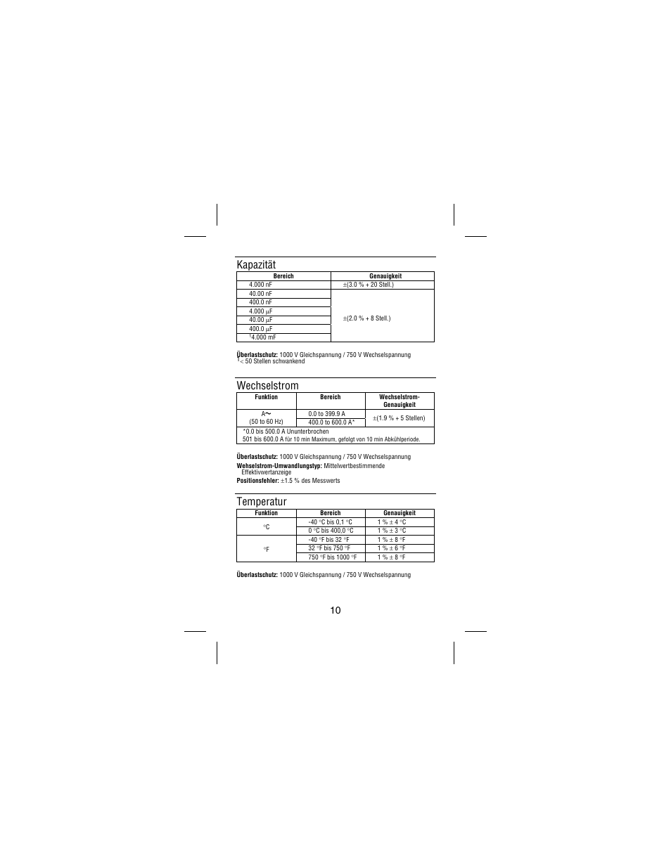 Kapazität, Wechselstrom, Temperatur | Amprobe AC75B User Manual | Page 47 / 72