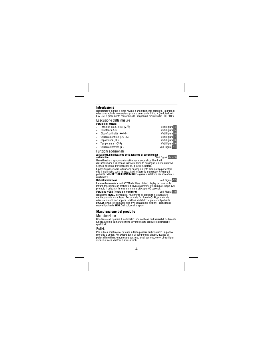 Introduzione, Esecuzione delle misure, Funzioni addizionali | Manutenzione del prodotto manutenzione, Pulizia | Amprobe AC75B User Manual | Page 53 / 72