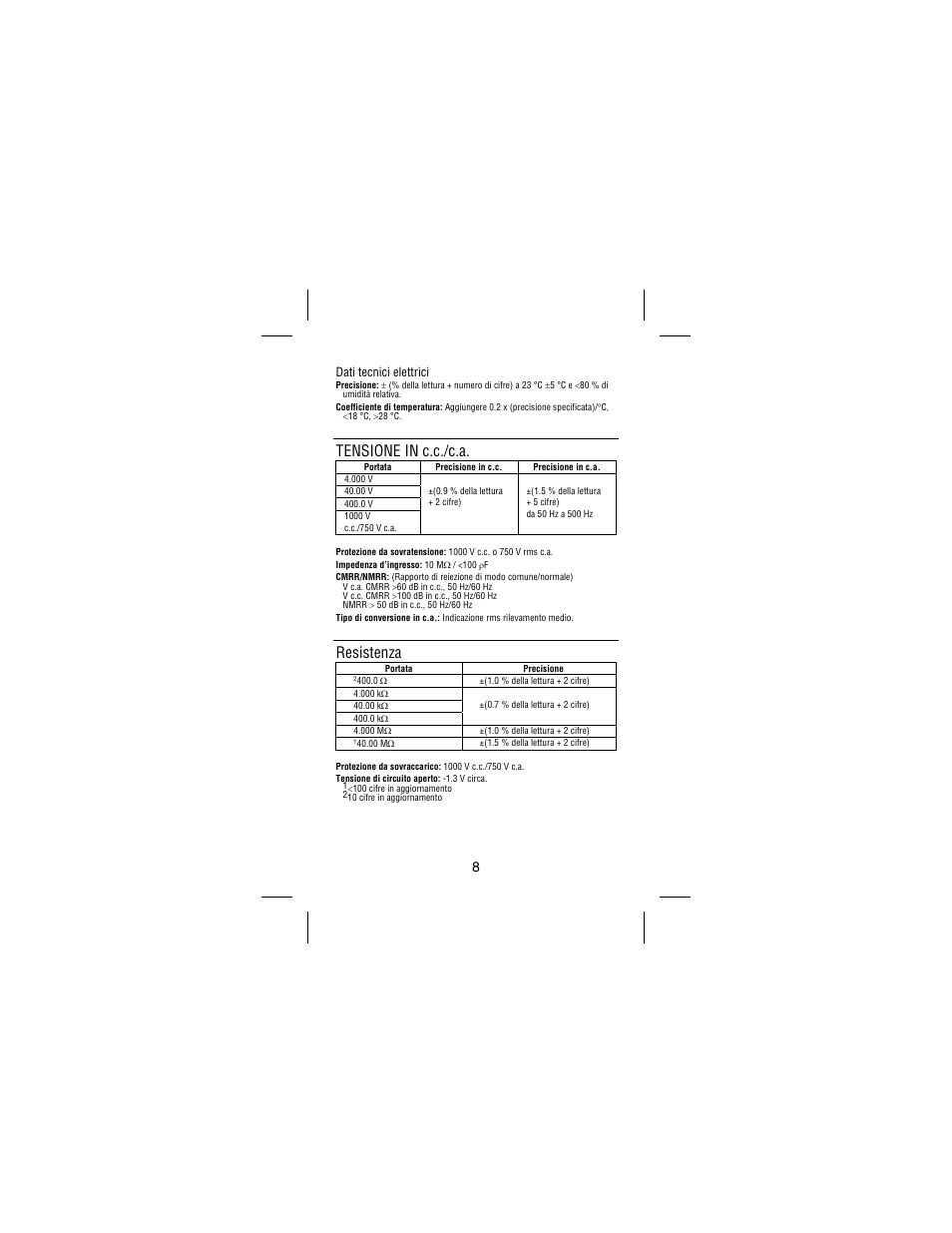 Tensione in c.c./c.a, Resistenza, Dati tecnici elettrici | Amprobe AC75B User Manual | Page 57 / 72