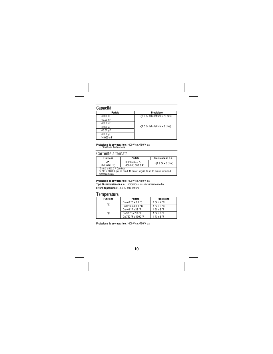 Capacità, Corrente alternata, Temperatura | Amprobe AC75B User Manual | Page 59 / 72