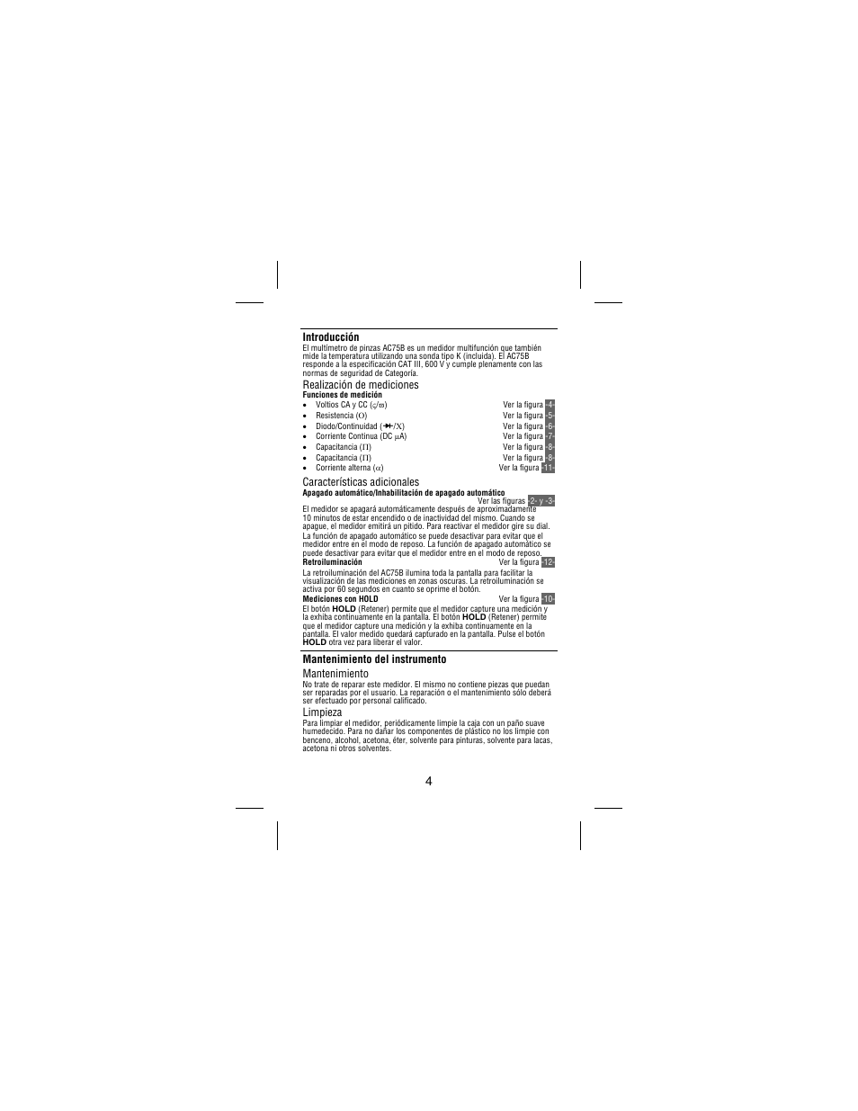 Introducción, Realización de mediciones, Características adicionales | Mantenimiento del instrumento mantenimiento, Limpieza | Amprobe AC75B User Manual | Page 65 / 72