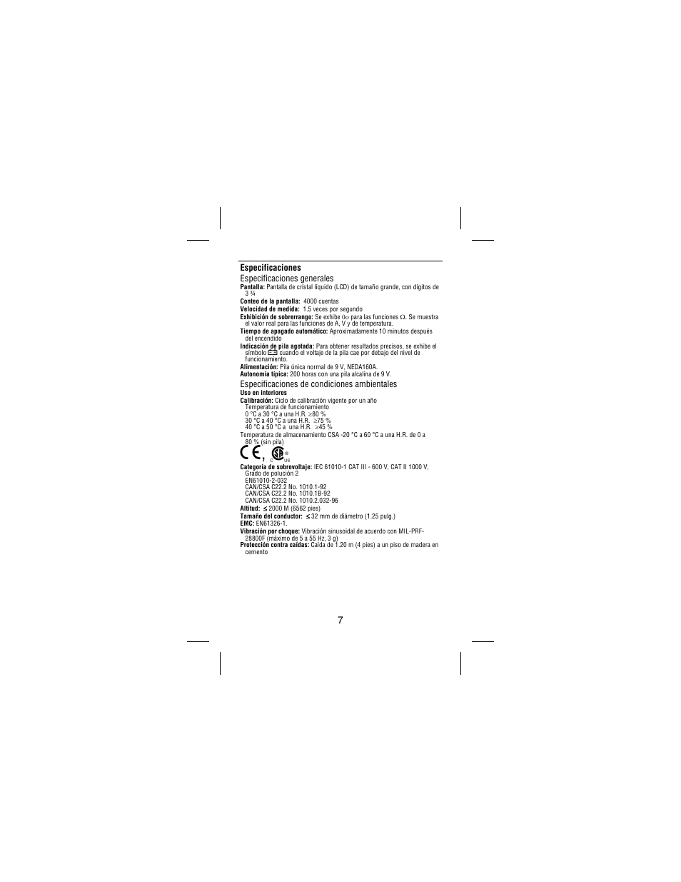 P, ), Especificaciones especificaciones generales, Especificaciones de condiciones ambientales | Amprobe AC75B User Manual | Page 68 / 72