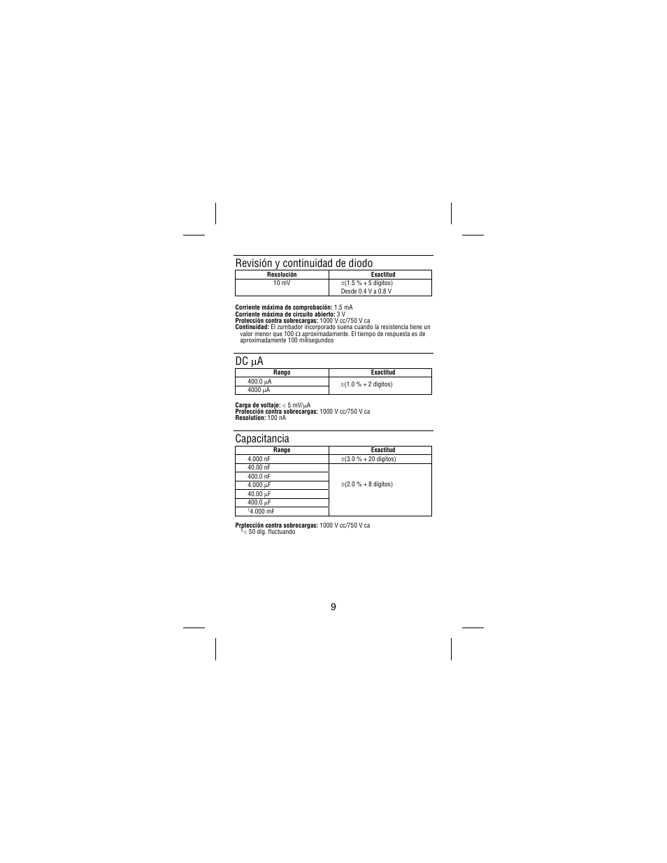 Revisión y continuidad de diodo, Dc μa, Capacitancia | Amprobe AC75B User Manual | Page 70 / 72