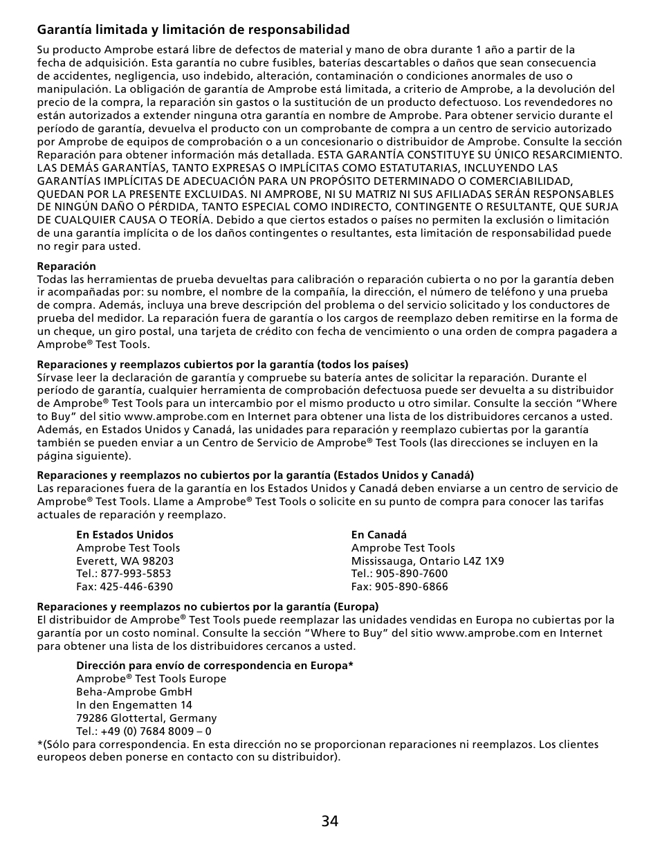 Garantía limitada y limitación de responsabilidad | Amprobe GSD600 Gas-Leak-Detector User Manual | Page 35 / 50