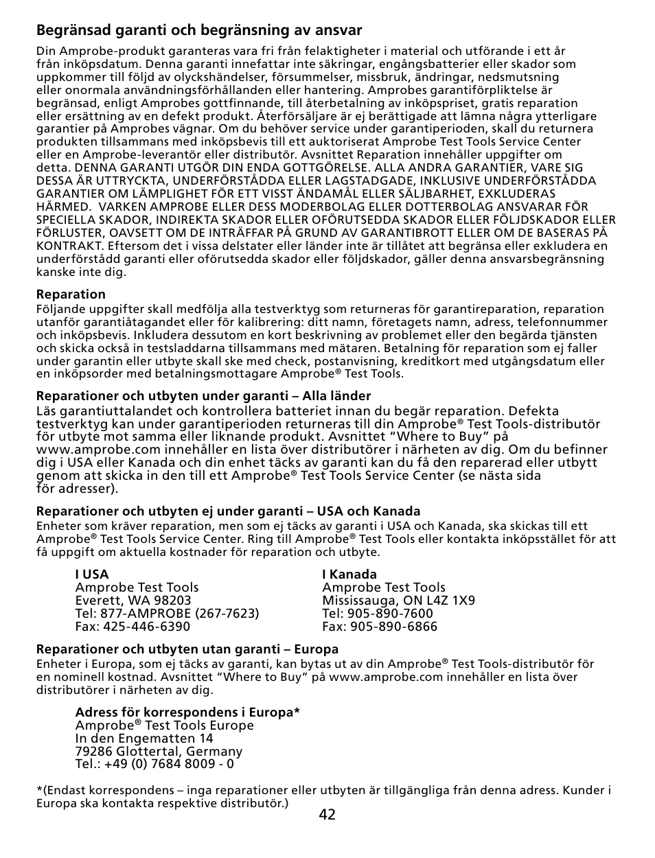 42 begränsad garanti och begränsning av ansvar | Amprobe GSD600 Gas-Leak-Detector User Manual | Page 43 / 50