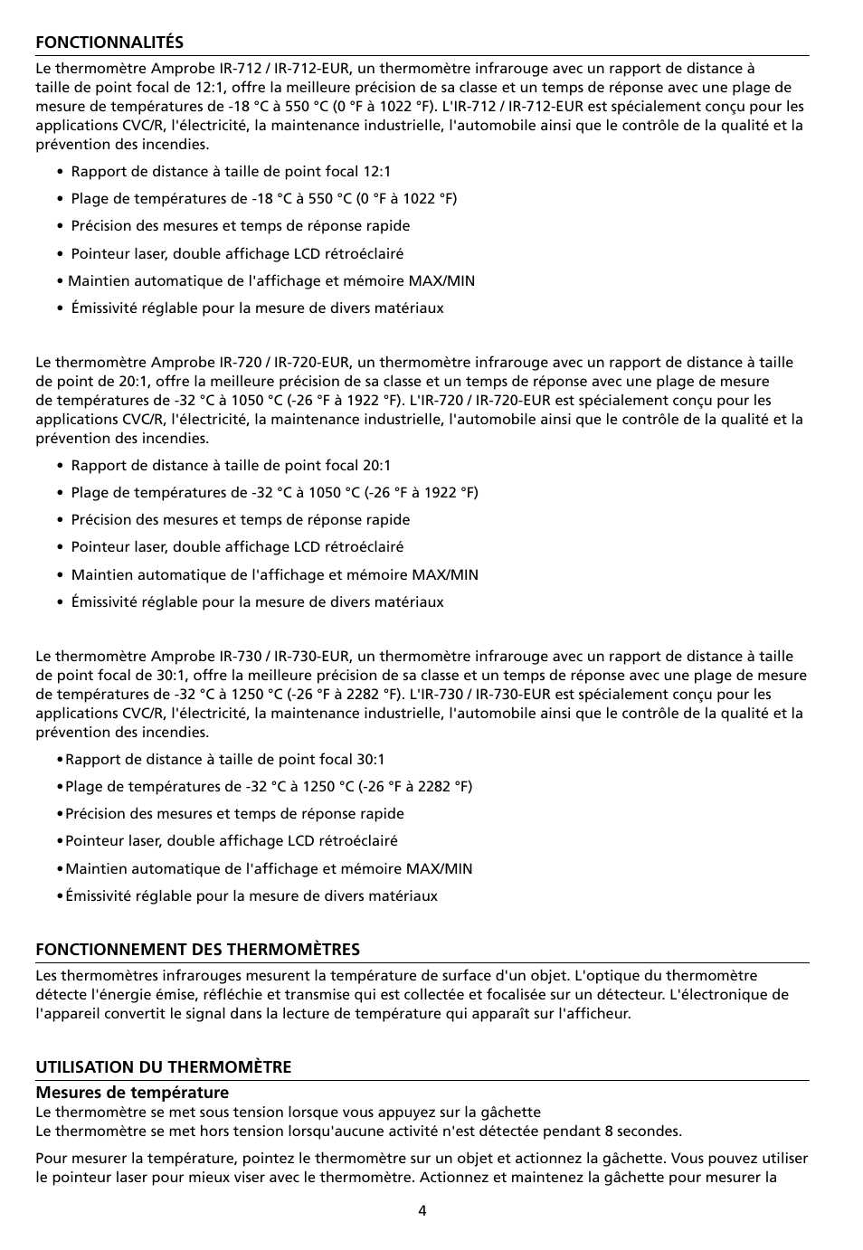 Amprobe IR-712 IR-720 IR-730 Infrared-Thermometers User Manual | Page 24 / 98