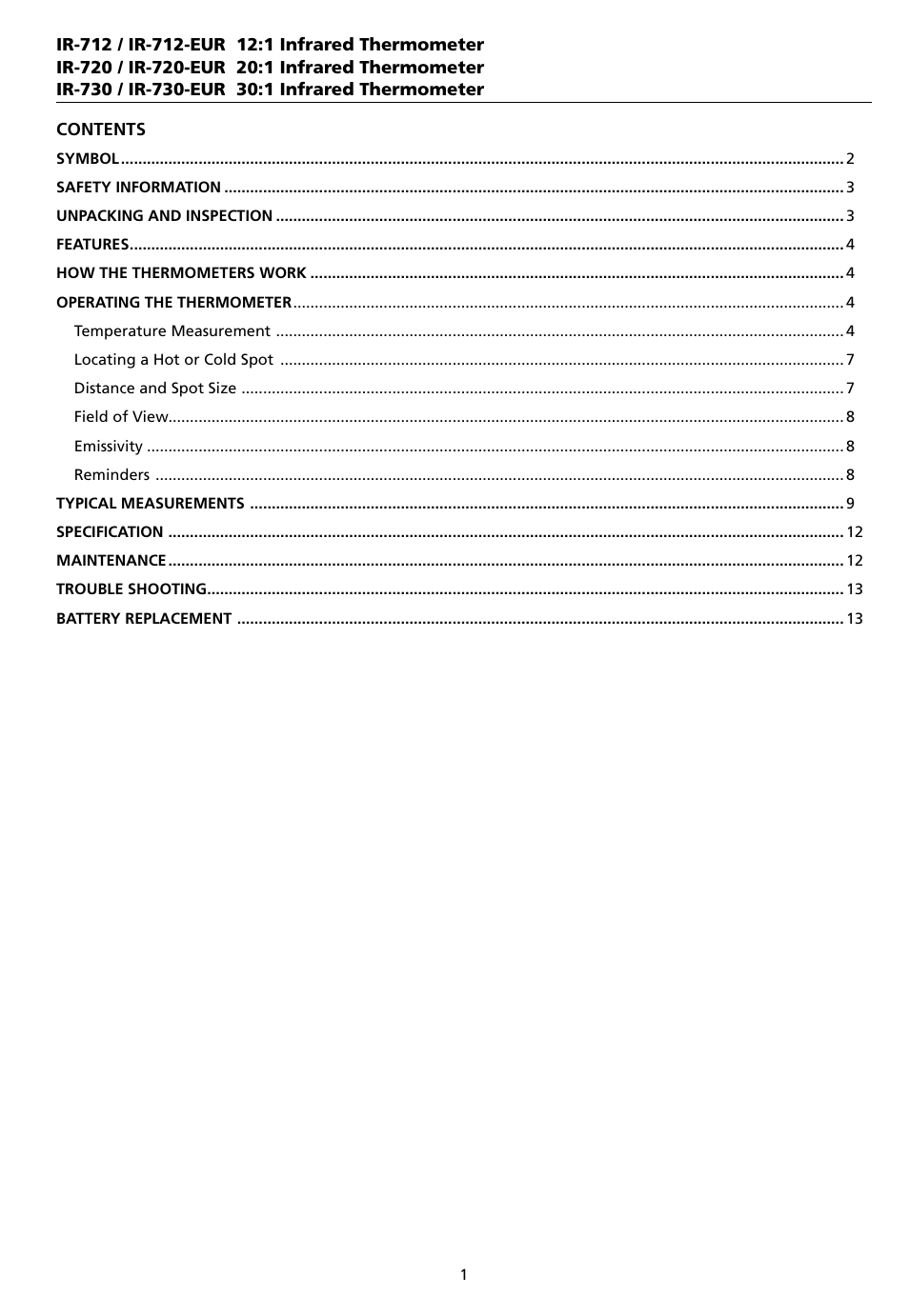 Amprobe IR-712 IR-720 IR-730 Infrared-Thermometers User Manual | Page 5 / 98