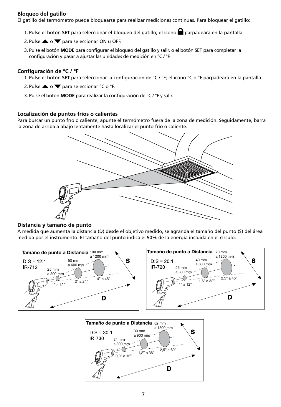 Bloqueo del gatillo, Configuración de °c / °f, Localización de puntos fríos o calientes | Distancia y tamaño de punto | Amprobe IR-712 IR-720 IR-730 Infrared-Thermometers User Manual | Page 75 / 98