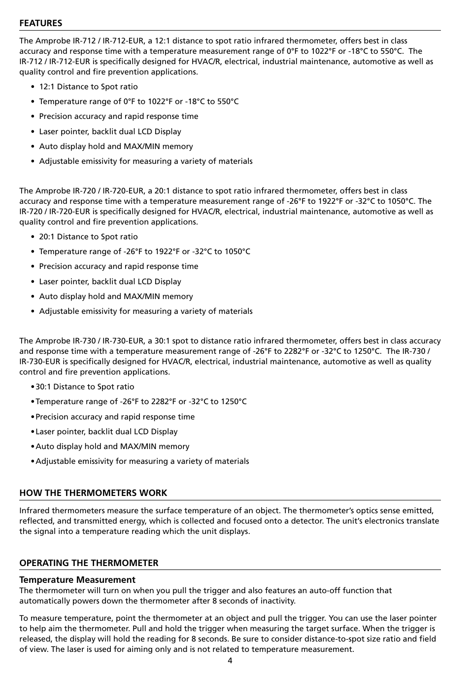 Amprobe IR-712 IR-720 IR-730 Infrared-Thermometers User Manual | Page 8 / 98