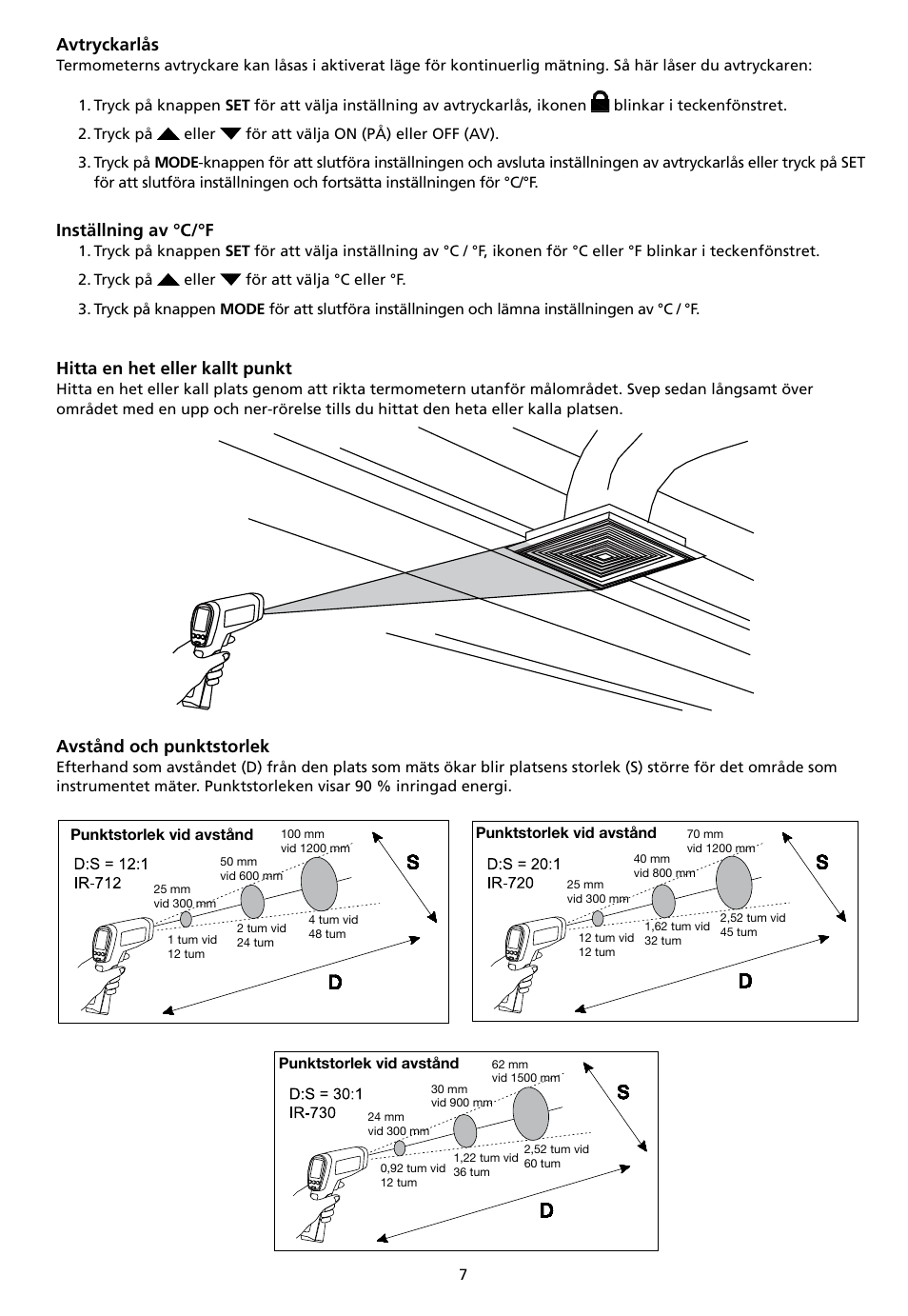 Avtryckarlås, Inställning av °c/°f, Hitta en het eller kallt punkt | Avstånd och punktstorlek | Amprobe IR-712 IR-720 IR-730 Infrared-Thermometers User Manual | Page 91 / 98