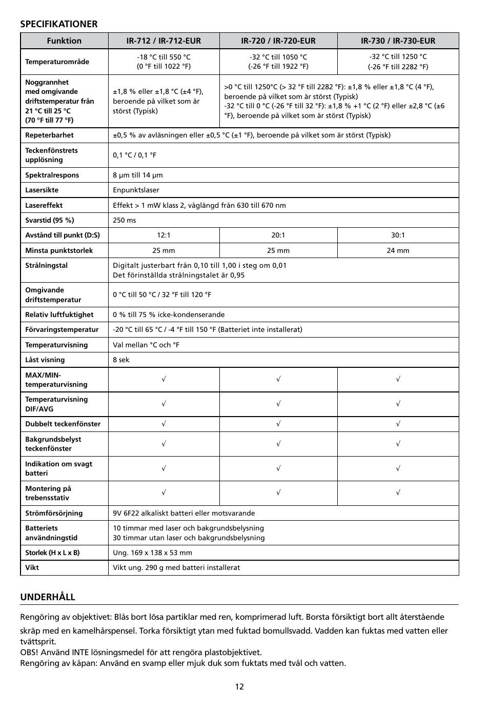 Specifikationer, Underhåll | Amprobe IR-712 IR-720 IR-730 Infrared-Thermometers User Manual | Page 96 / 98