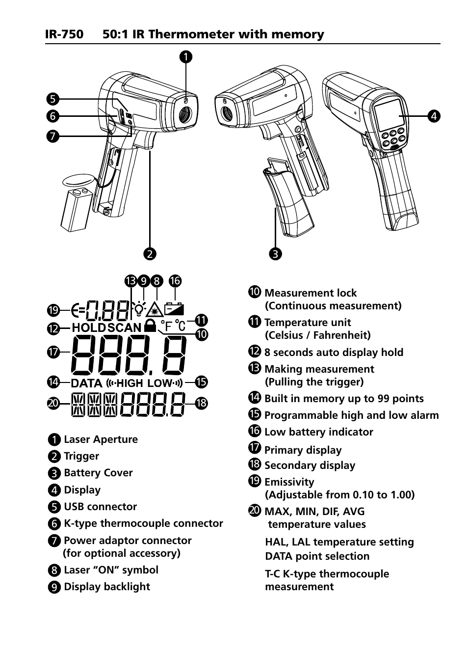 Amprobe IR-750 Infrared-Thermometer User Manual | Page 5 / 36