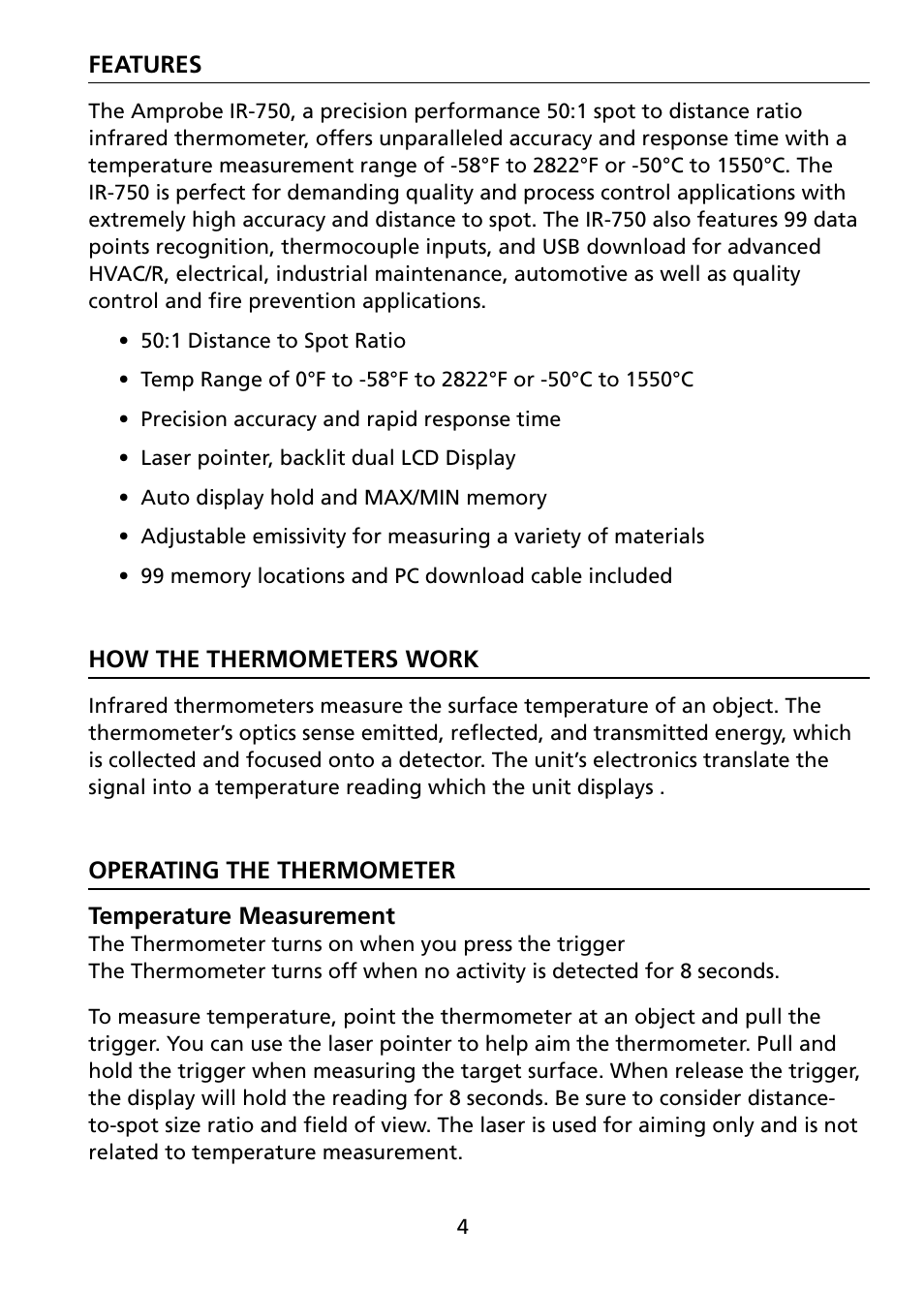 Amprobe IR-750 Infrared-Thermometer User Manual | Page 9 / 36