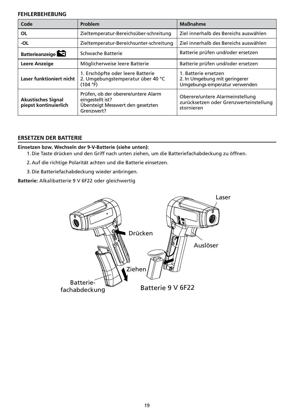 Batterie 9 v 6f22 | Amprobe IR-750 Infrared-Thermometer User Manual | Page 67 / 134