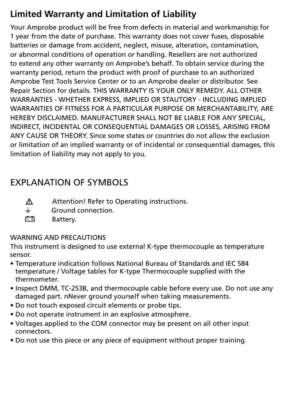 Limited warranty and limitation of liability, Explanation of symbols | Amprobe TC-253B Temperature-Converter User Manual | Page 2 / 8