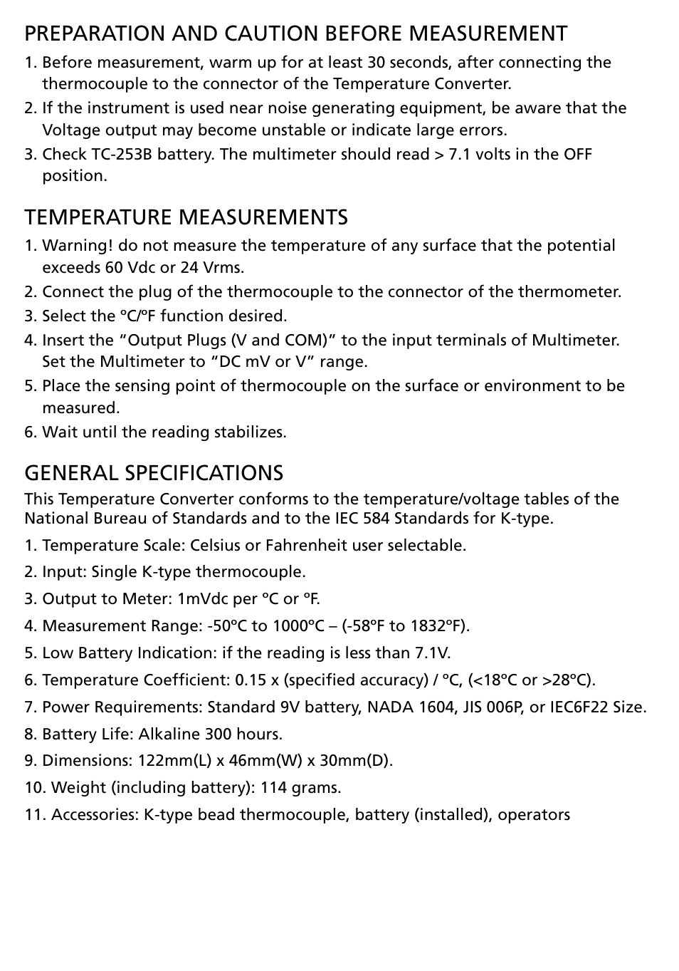 Preparation and caution before measurement, Temperature measurements, General specifications | Amprobe TC-253B Temperature-Converter User Manual | Page 4 / 8