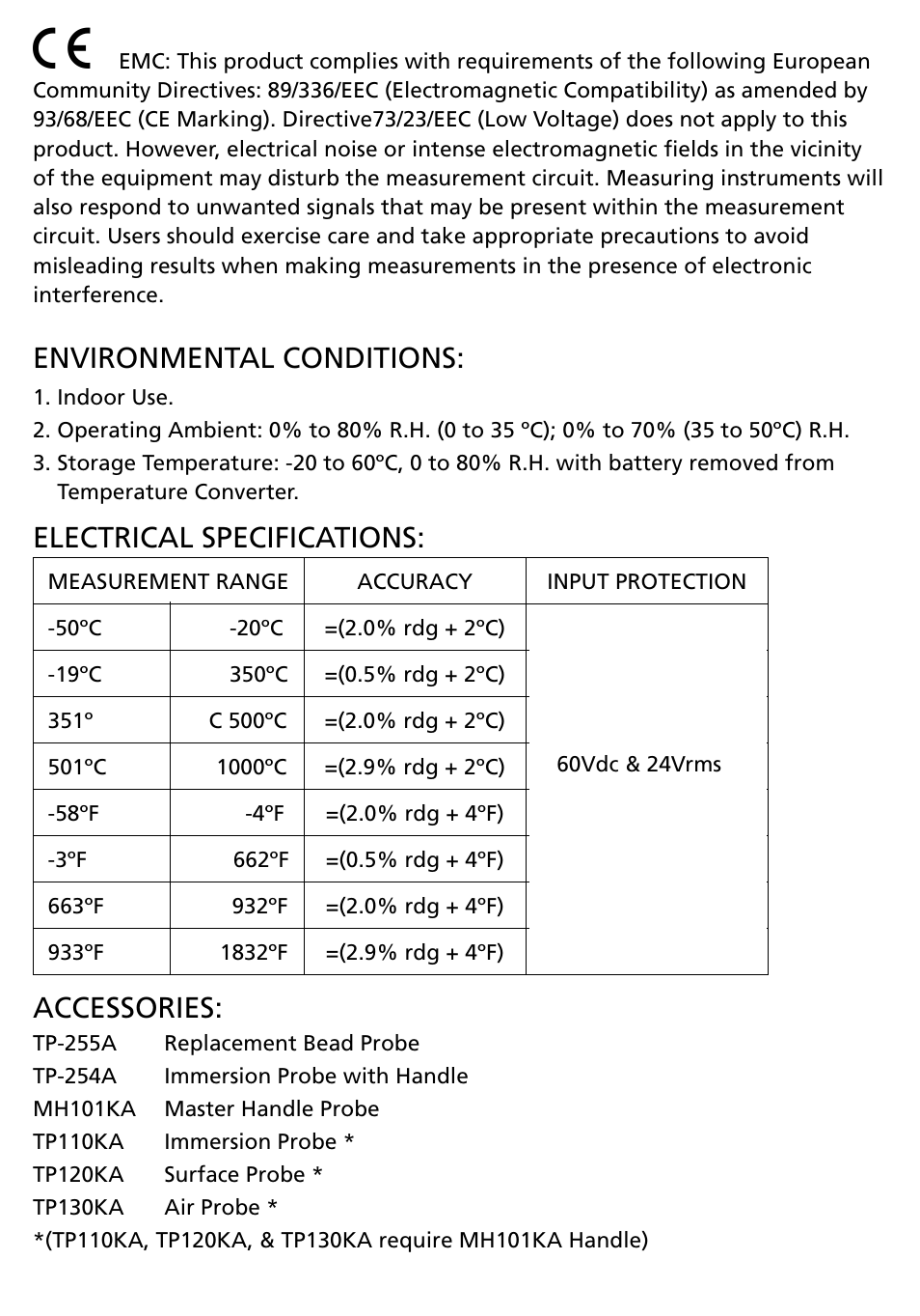Environmental conditions, Electrical specifications, Accessories | Amprobe TC-253B Temperature-Converter User Manual | Page 5 / 8
