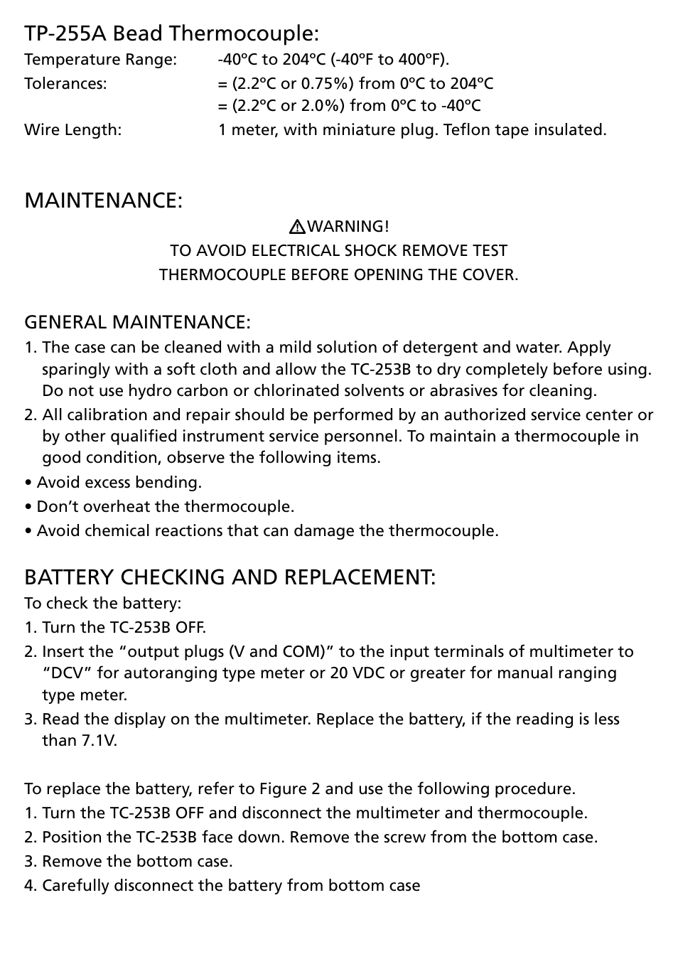 Tp-255a bead thermocouple, Maintenance, Battery checking and replacement | Amprobe TC-253B Temperature-Converter User Manual | Page 6 / 8