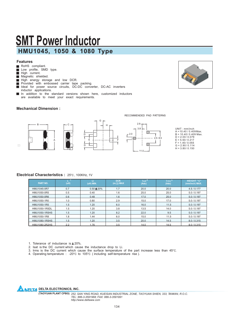 Delta Electronics SMT Power Inductor 1050 User Manual | 1 page