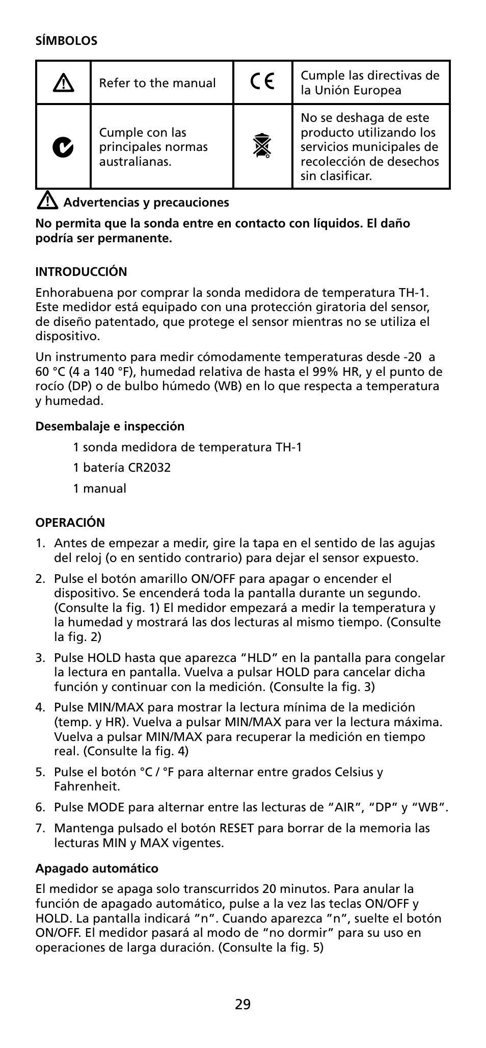 Amprobe TH-1 Relative-Humidity-Temperature-Probe-Style-Meter User Manual | Page 30 / 40